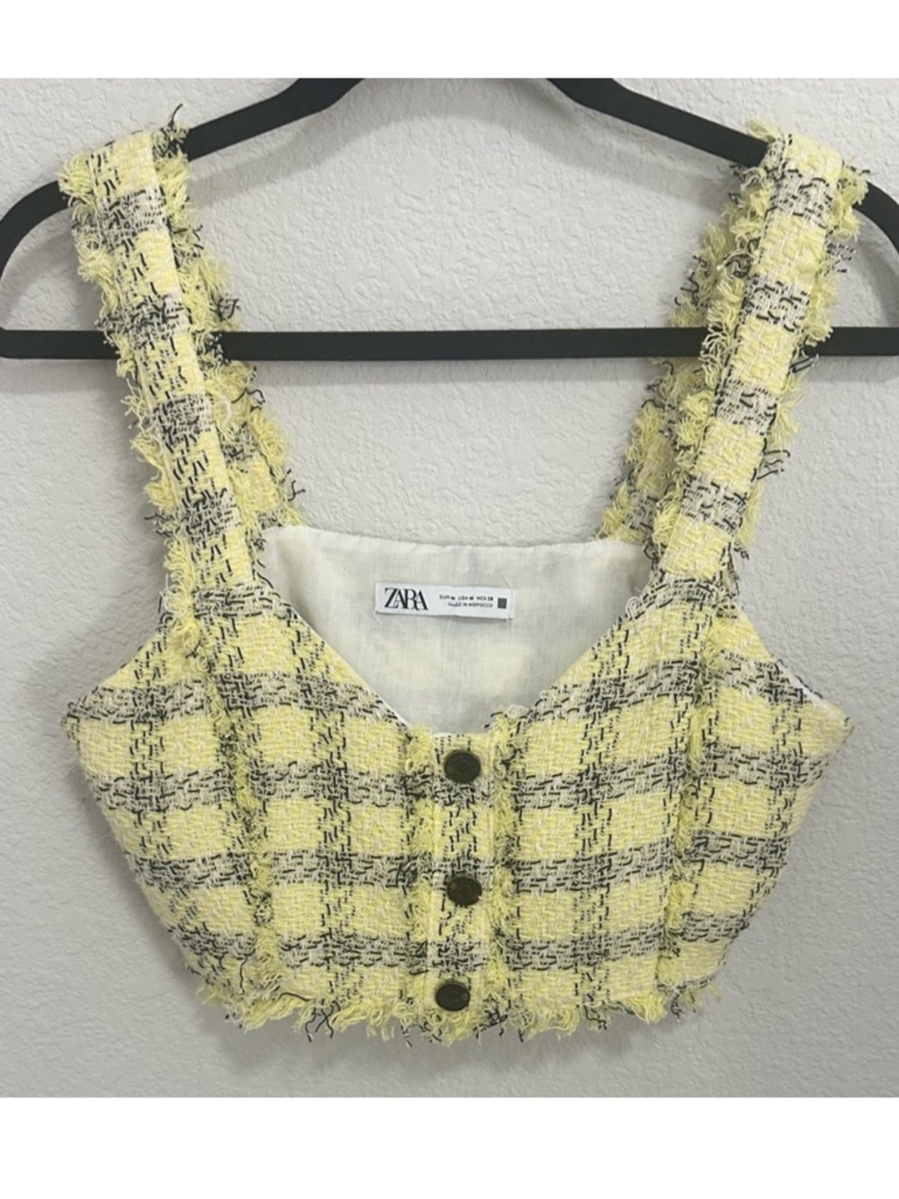 Zara Textured Weave Frayed Hem Yellow Black Tweed Clueless Crop Top Y2K Medium